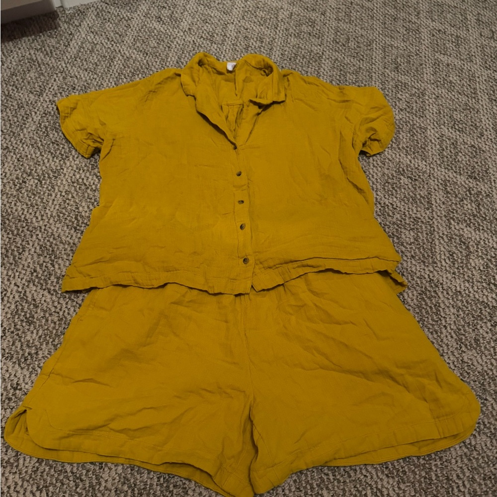 Mustard Yellow Button-Up Shirt and Shorts Set